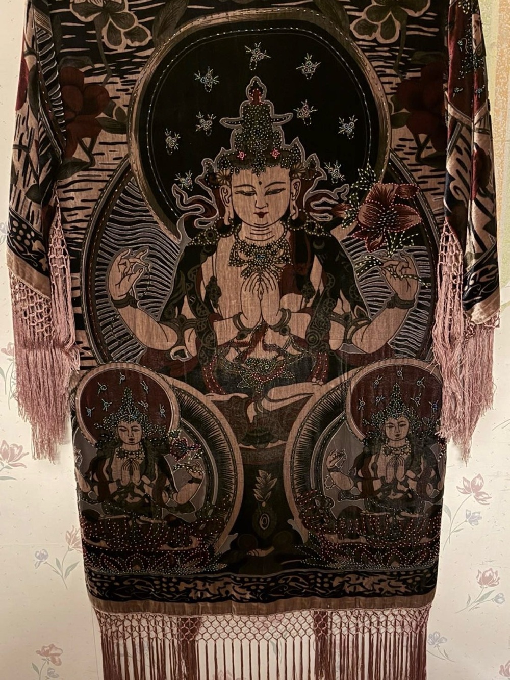 Bohemian beaded Buddha Print Fringe Kimono Jacket duster